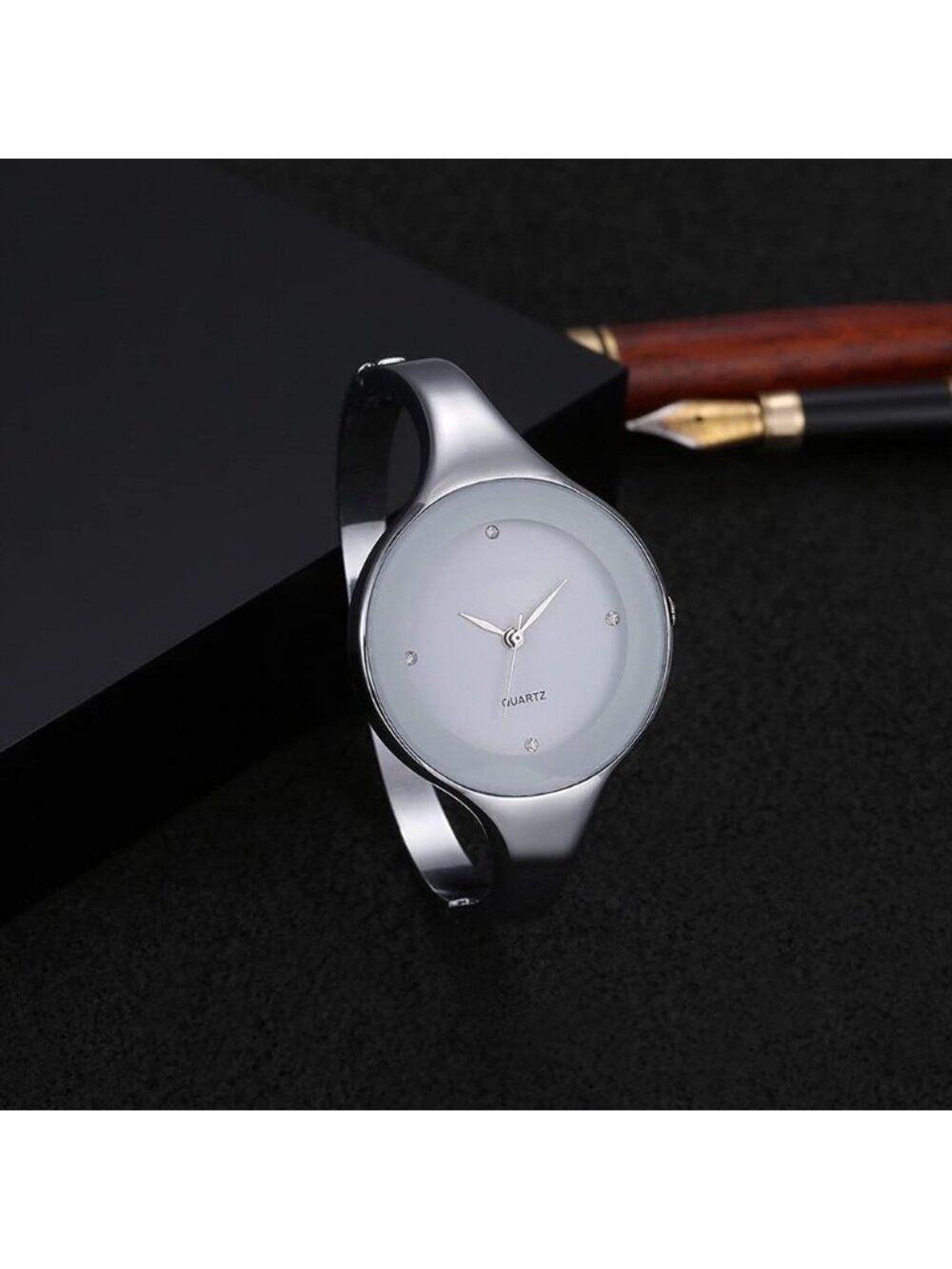 Women's Black Stainless Steel Bangle Quartz Analog Bracelet Stylish Wrist Watch - Picture 6 of 7